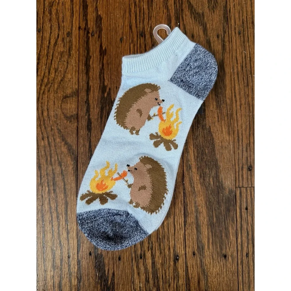 Women's Hello Socks! Light Blue Camping Hedgehogs Low Cut Socks Size 4-10 NWT